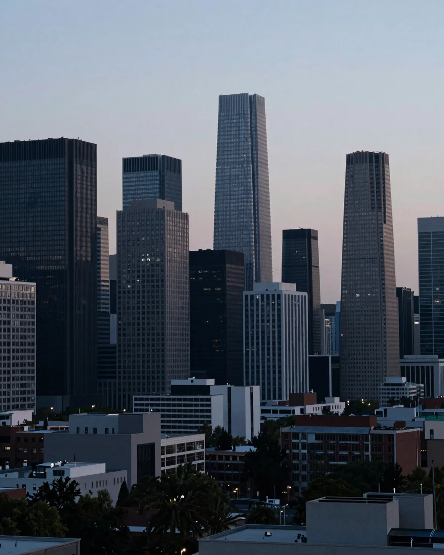 Wide shot of a city skyline at dusk, with architectural geometric